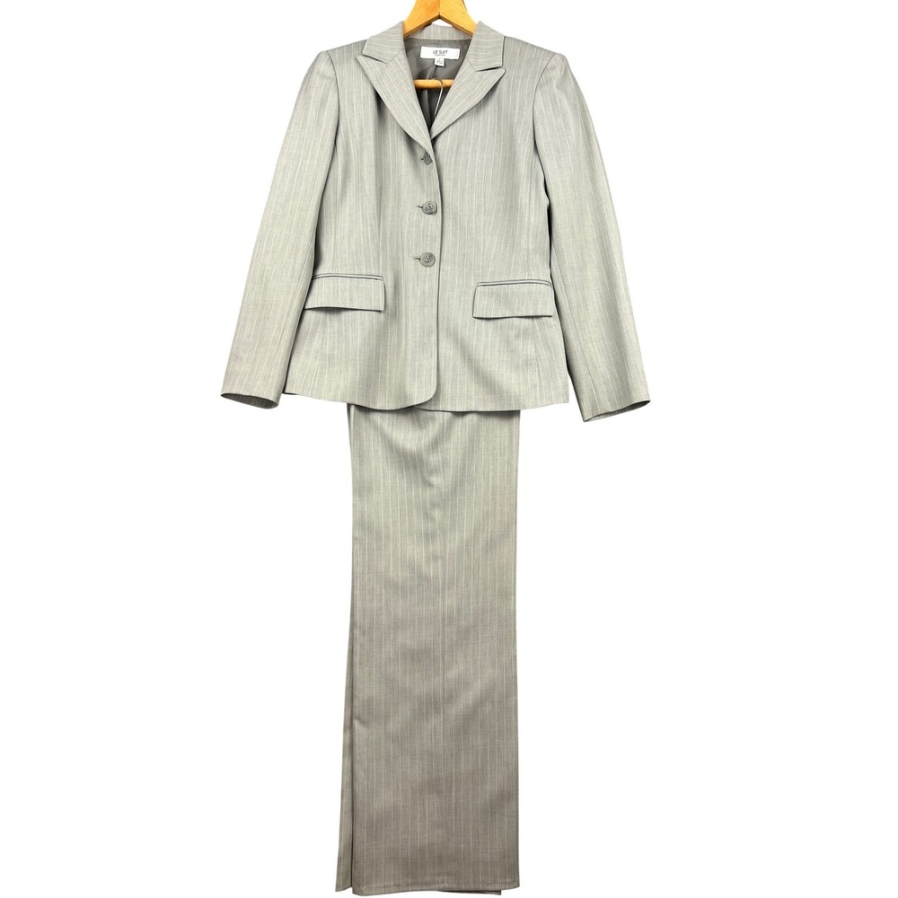 Le Suit Pant Suit Women 6 Essentials Gray Pinstripe Blazer Trousers 2pc Set Good